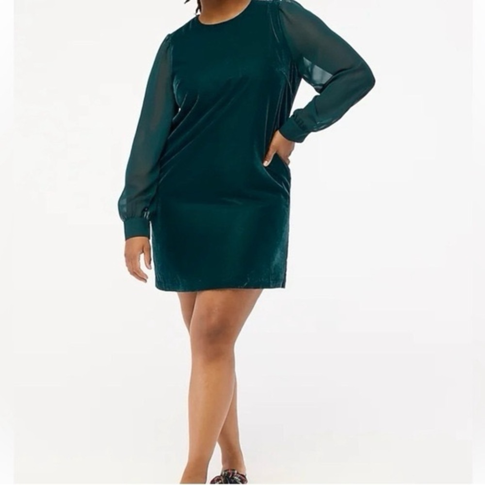 Nwt j crew velvet green sheer sleeves long sleeve‎ dress